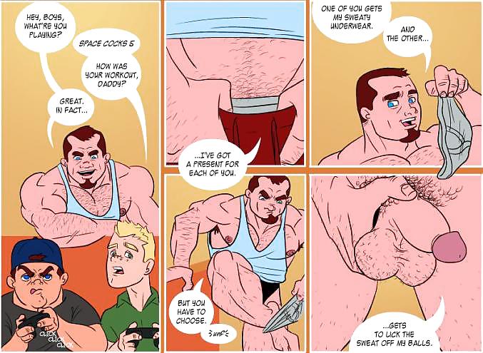 677px x 495px - Daddy's House (Adult Gay Comic) : As he returns to home he saw his sons  playing the game Cock Space 5. He says to them \